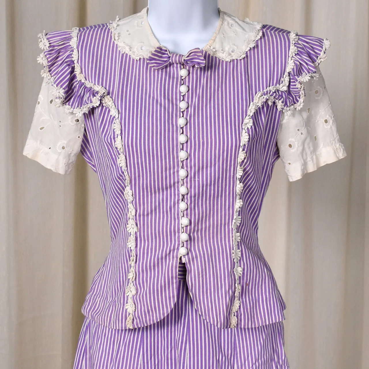 1940s Purple Striped Eyelet Dress Set