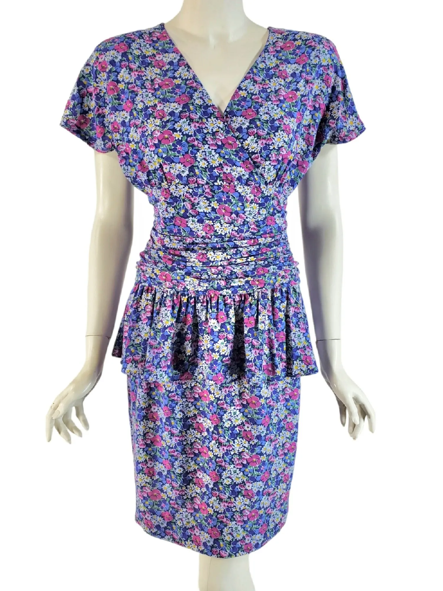 80s Floral Peplum Dress - sm, petite