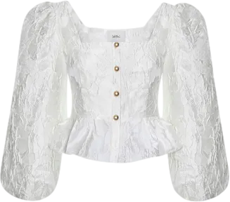 abitu White Jacquard Puff Sleeve Peplum Blouse UK S