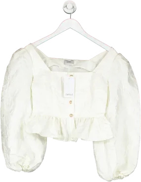 abitu White Jacquard Puff Sleeve Peplum Blouse UK S