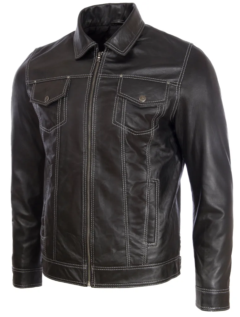 AGQ5 Men's Trucker Harrington Jacket - Black/White