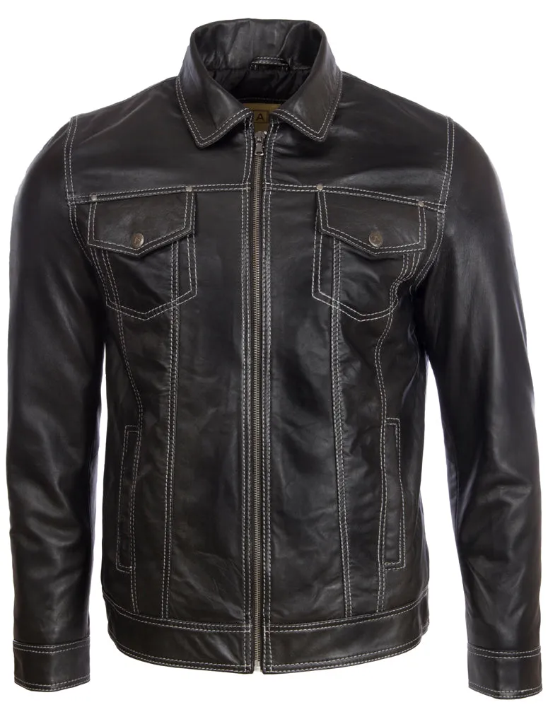 AGQ5 Men's Trucker Harrington Jacket - Black/White