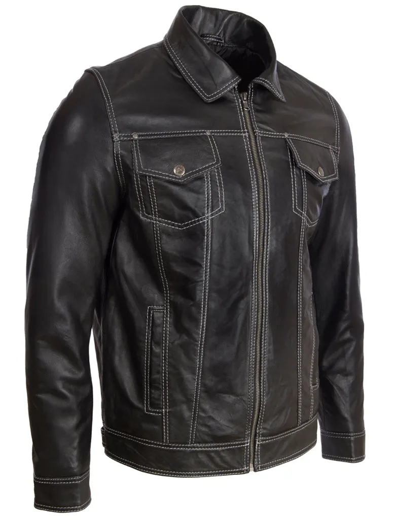 AGQ5 Men's Trucker Harrington Jacket - Black/White