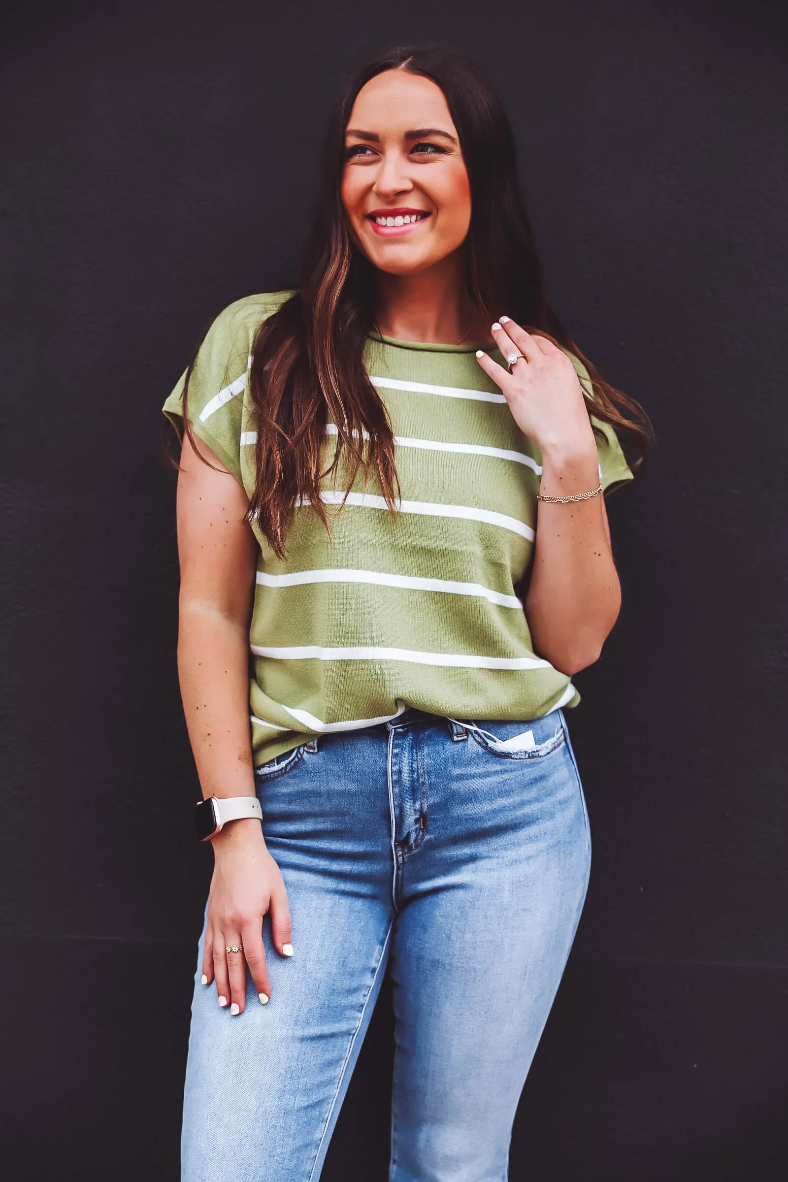 Alexa Striped Knit Top-Light Olive