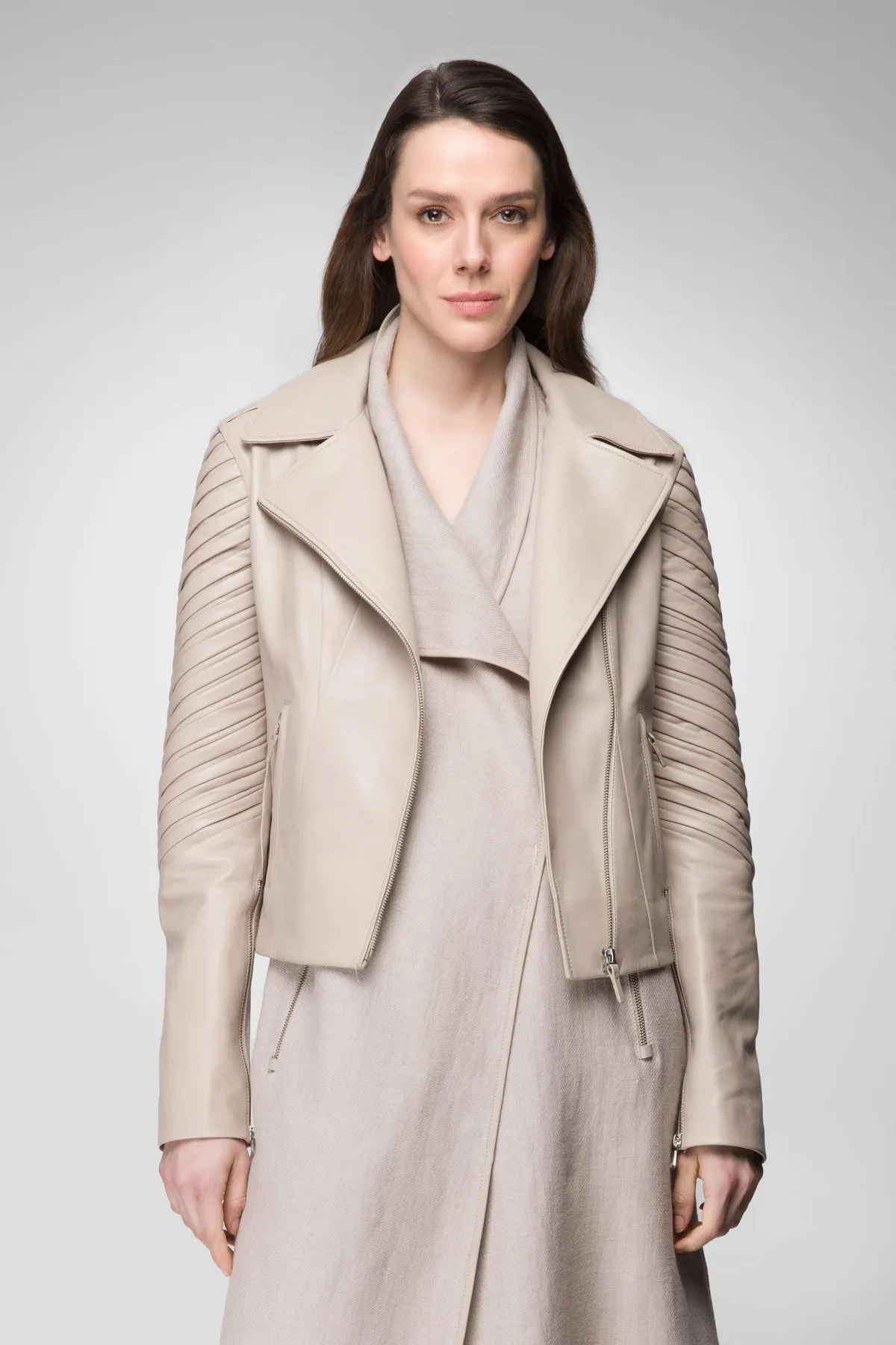 Alya - Stone Beige Leather Jacket