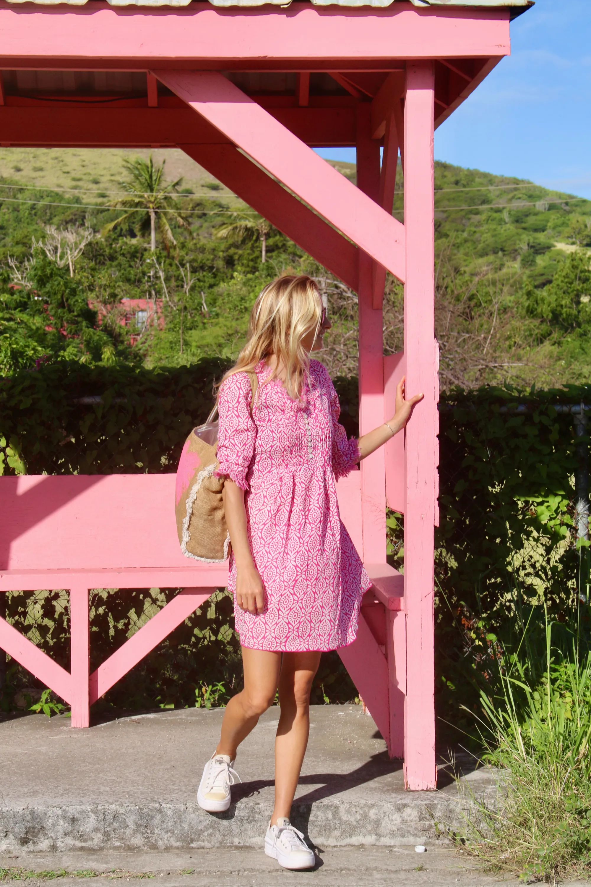 Annabel Cotton Tunic in Bubblegum Pink & White