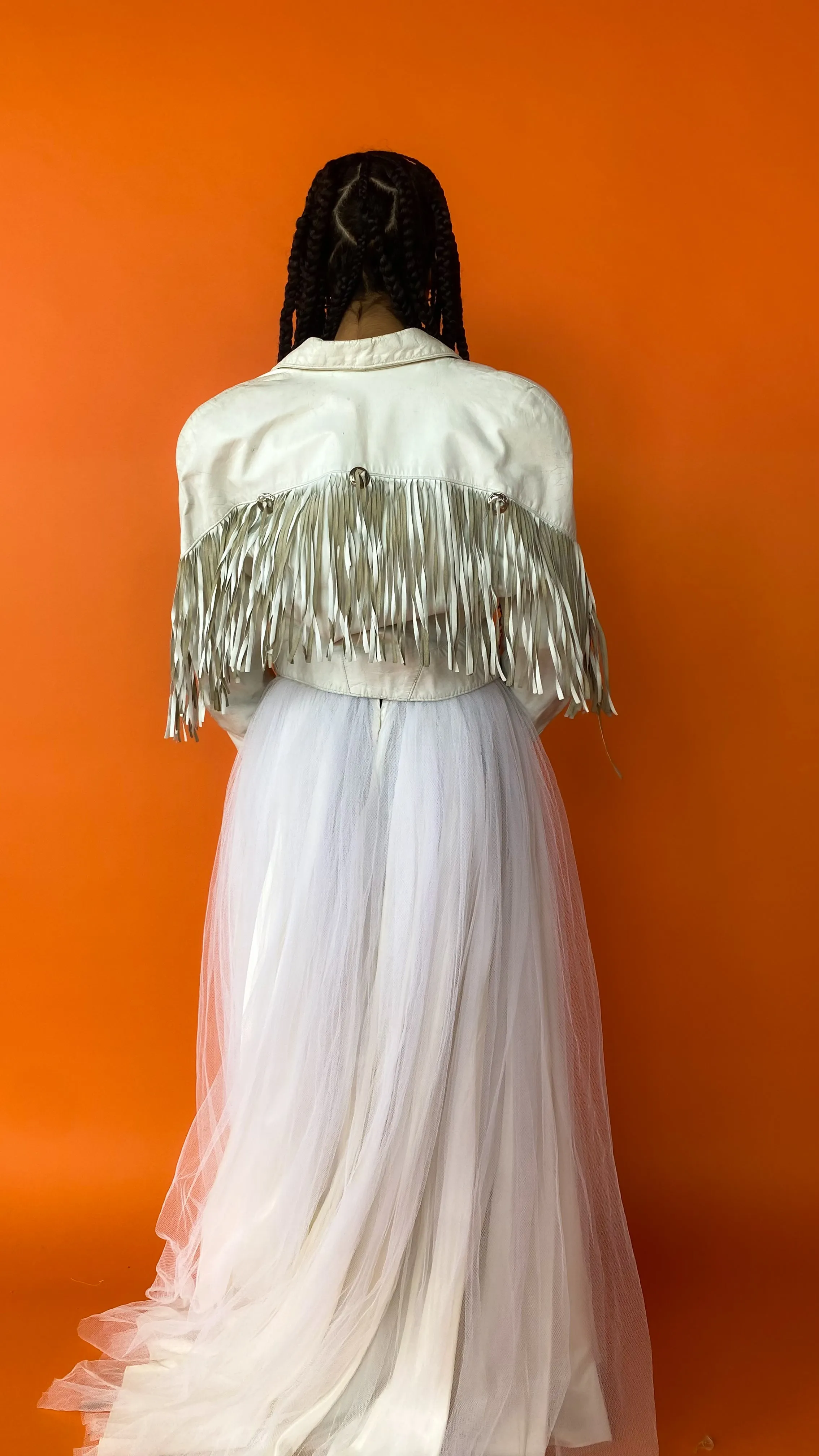 As is 1980s Cream Leather Fringe Jacket, sz. L