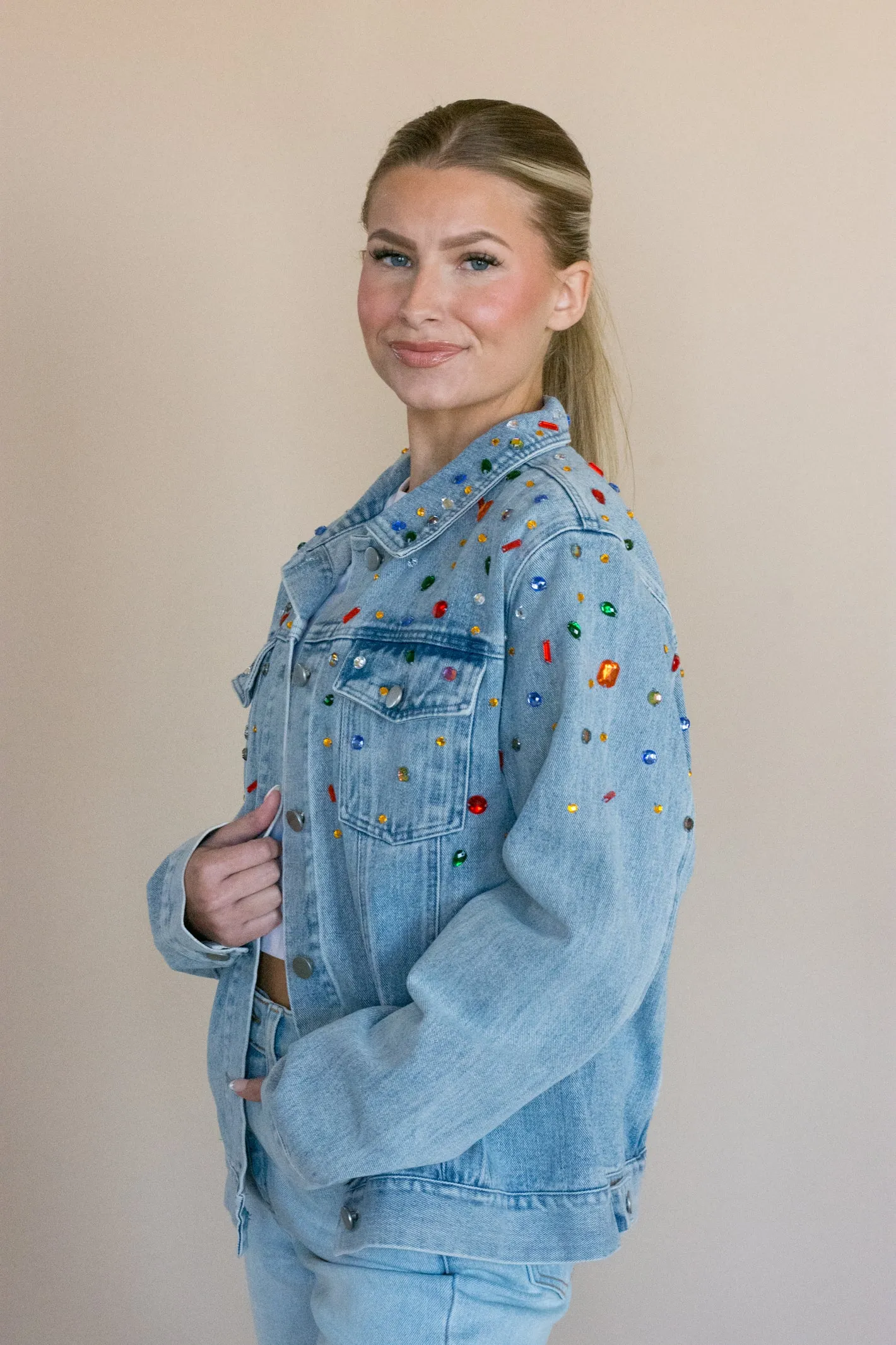 Beautiful Charm Denim Bejeweled Jacket