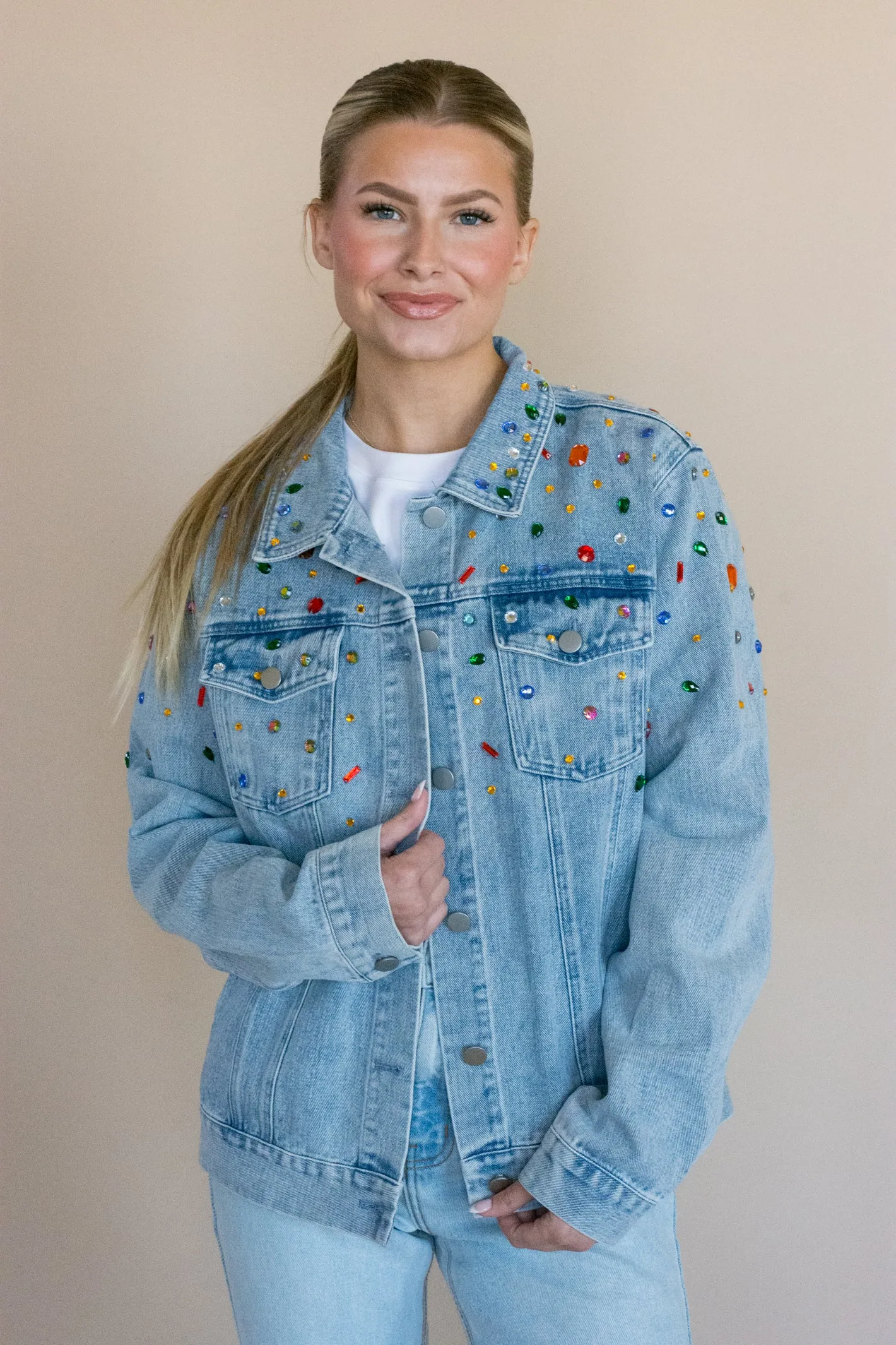 Beautiful Charm Denim Bejeweled Jacket