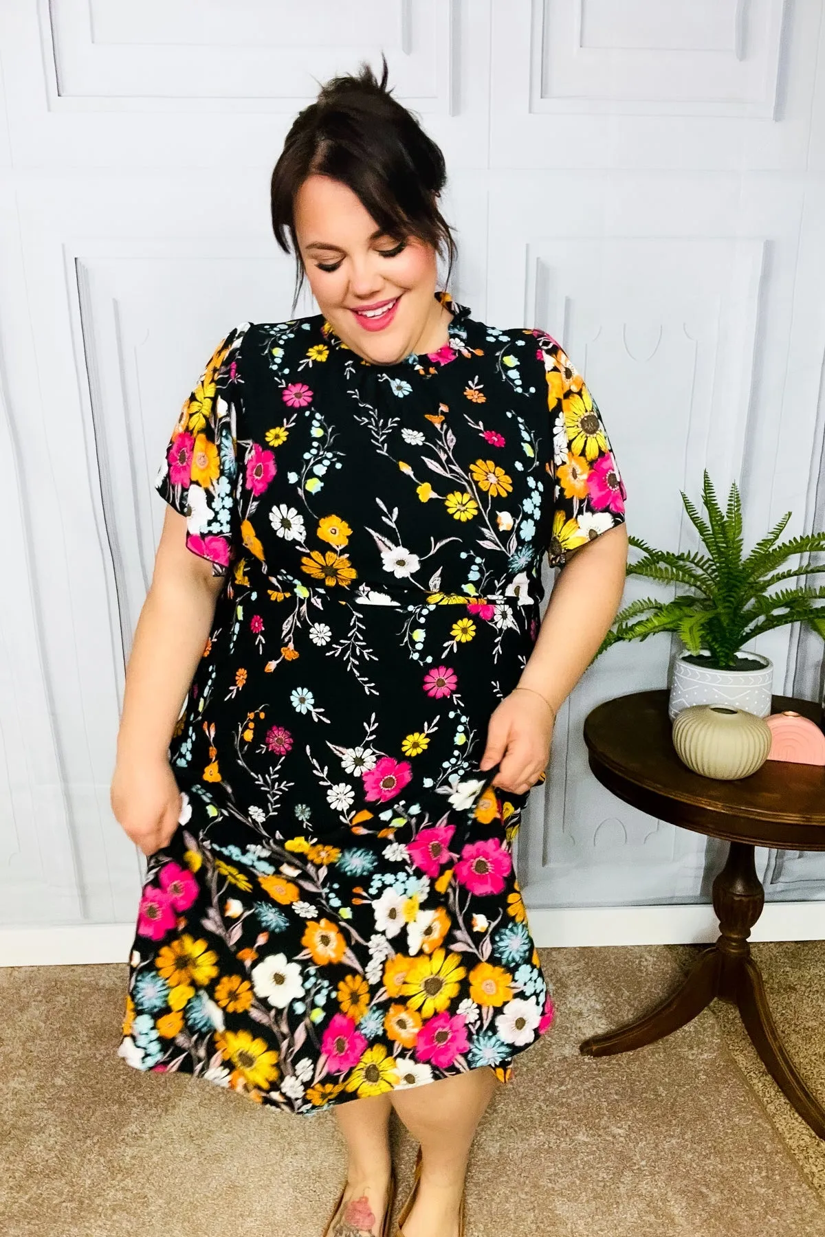 Black Floral Frill Mock Neck Flutter Sleeve Midi Dress