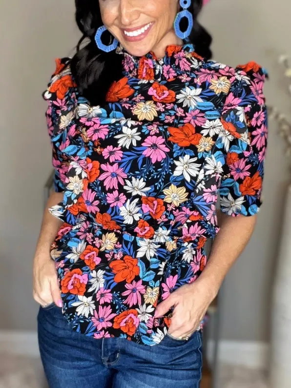 Blue Floral Ruffle Peplum Top