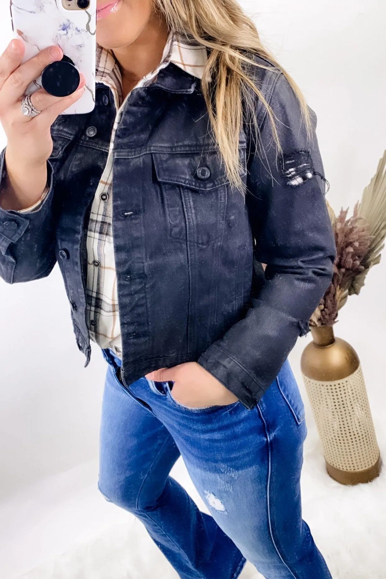 Bold Moves- Black Distressed Cropped Denim Jacket