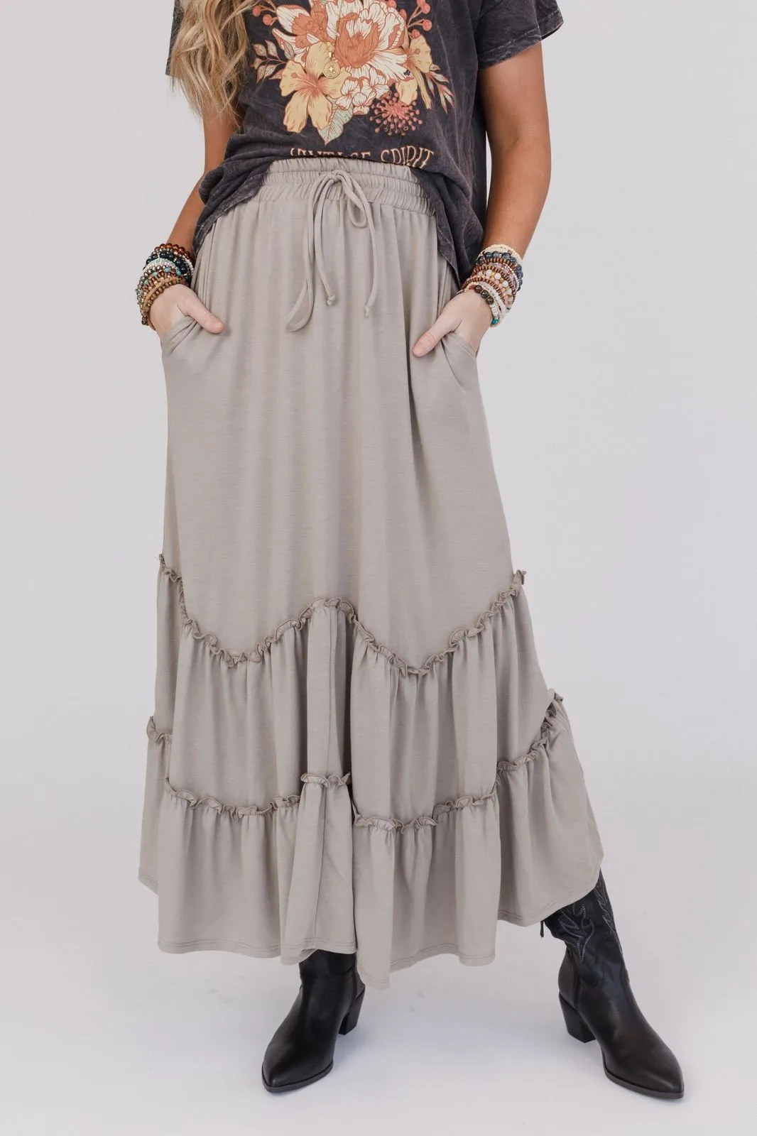 Bunches Of Love Tiered Maxi Skirt - Taupe