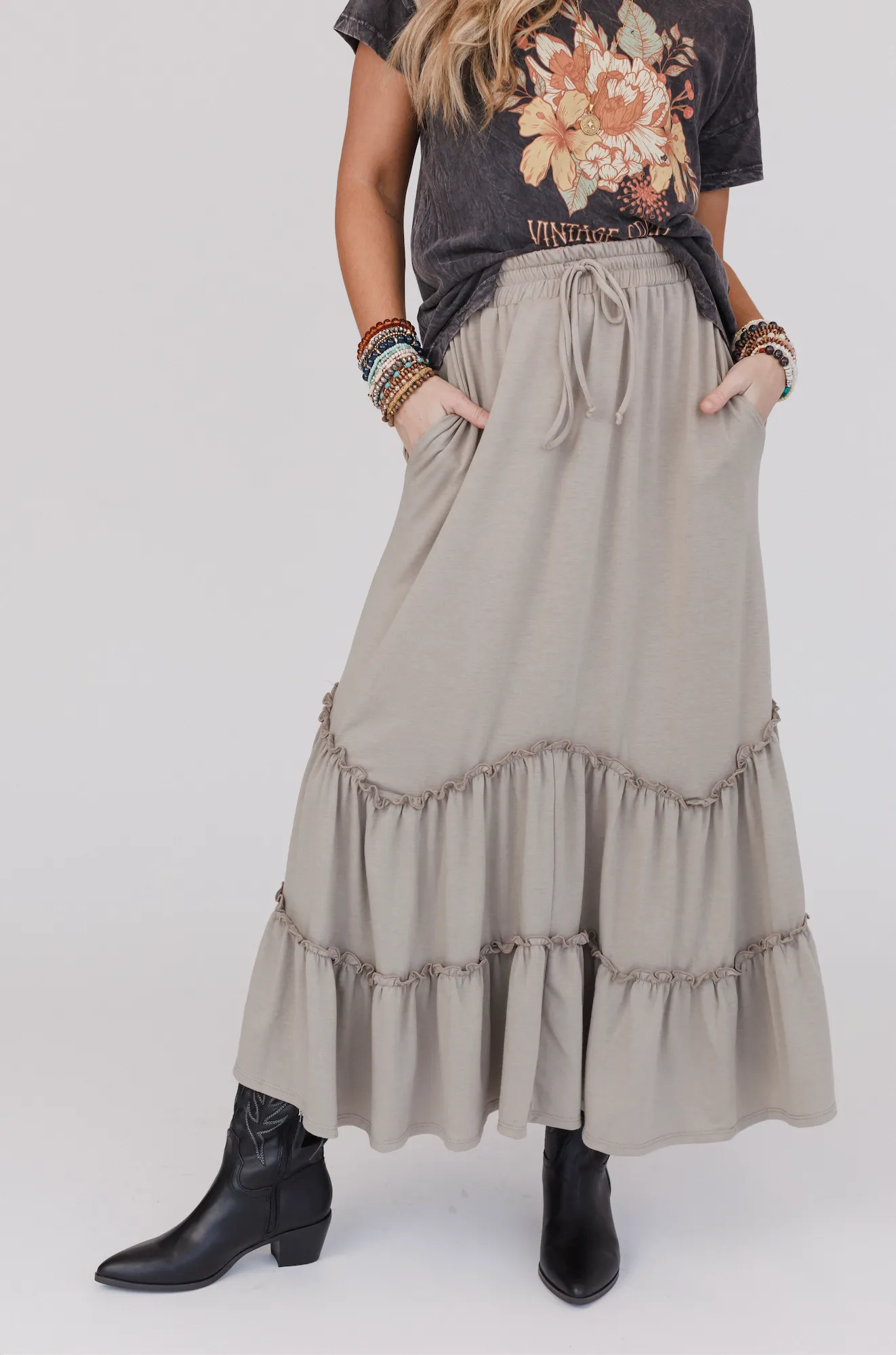 Bunches Of Love Tiered Maxi Skirt - Taupe