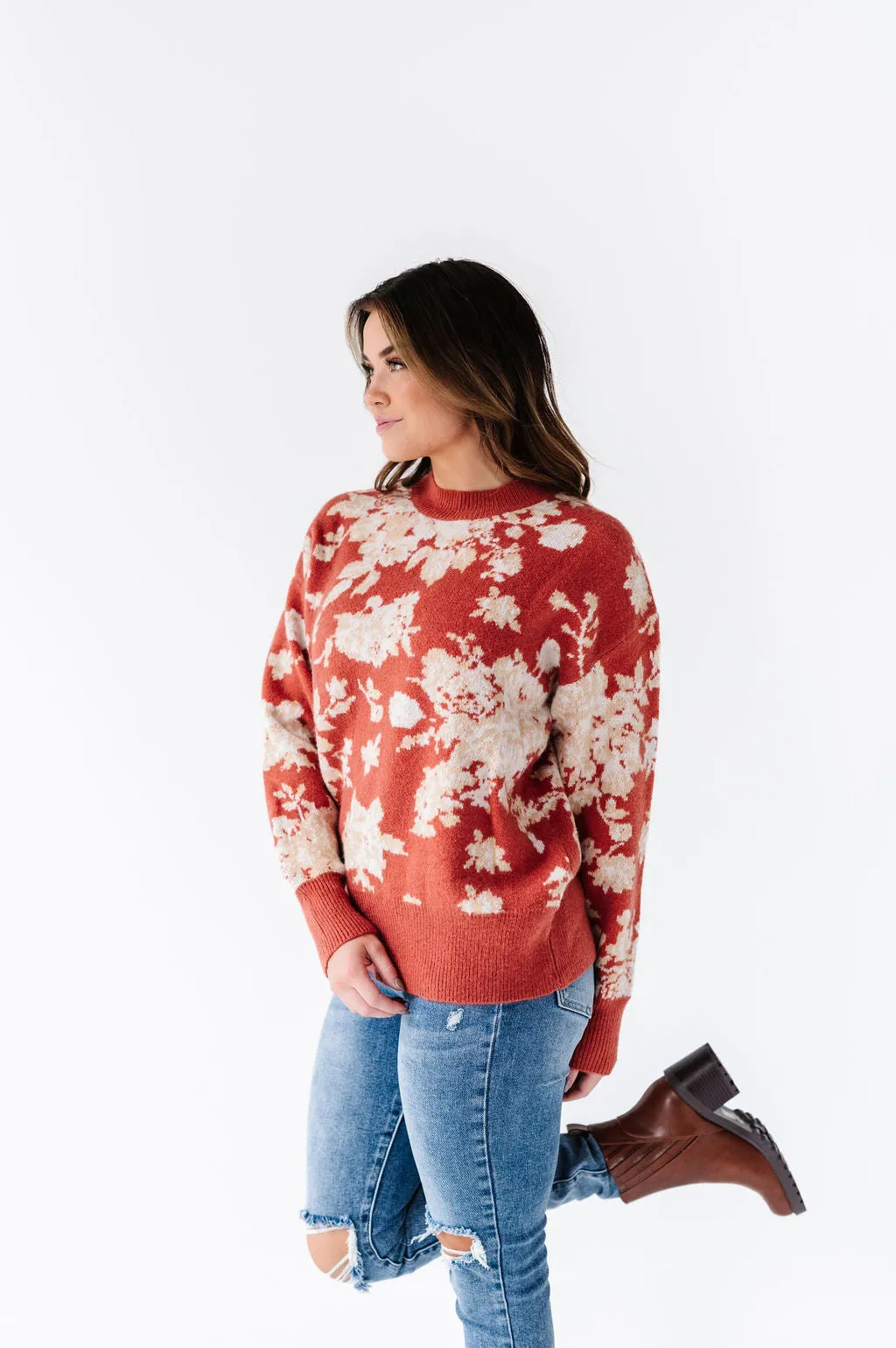 Calla Floral Knit Sweater in Brick