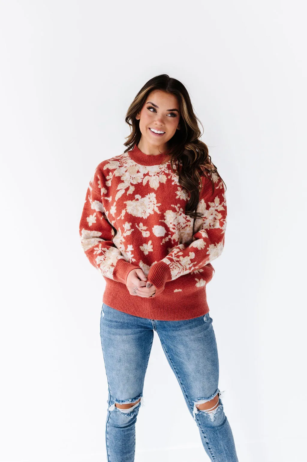 Calla Floral Knit Sweater in Brick