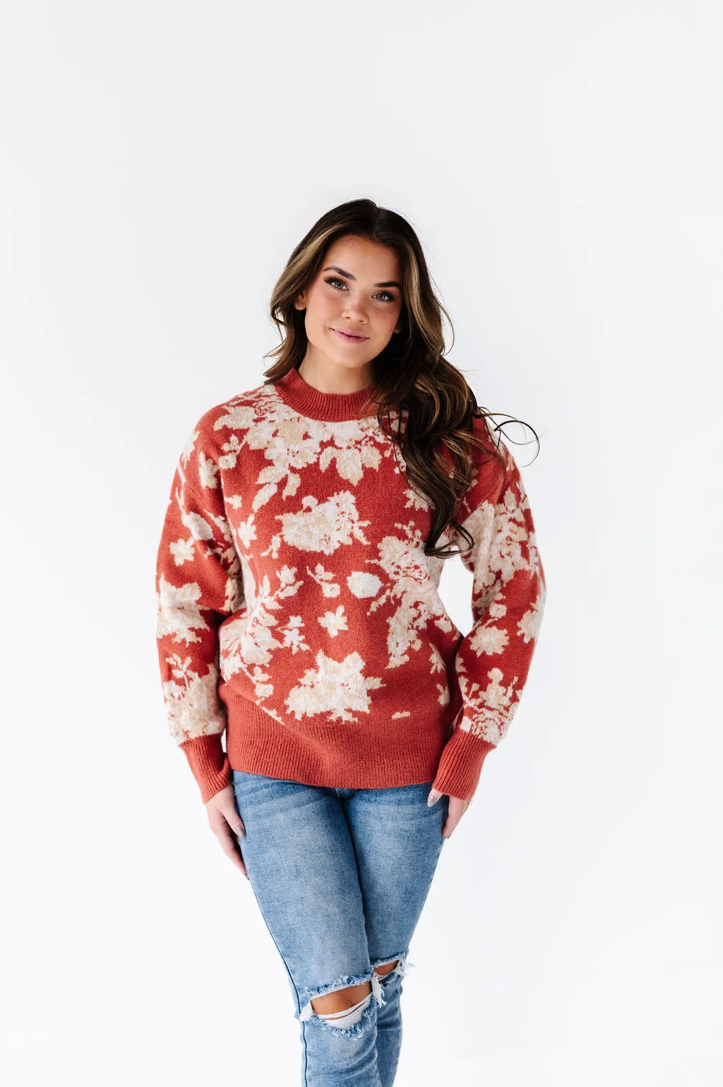 Calla Floral Knit Sweater in Brick