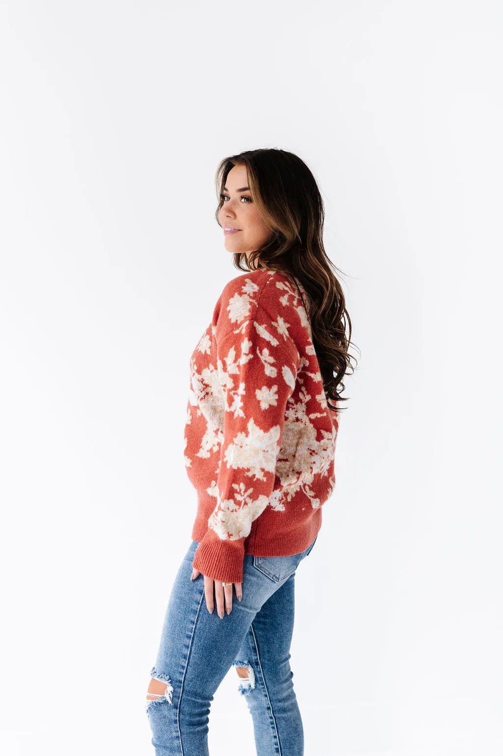 Calla Floral Knit Sweater in Brick