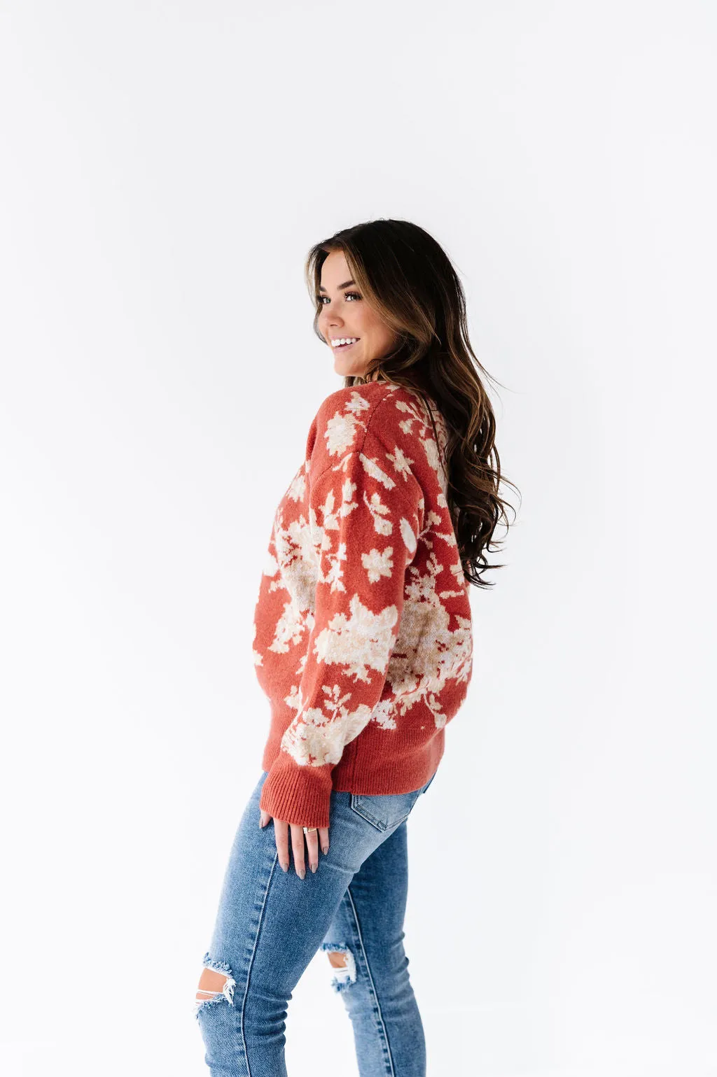 Calla Floral Knit Sweater in Brick