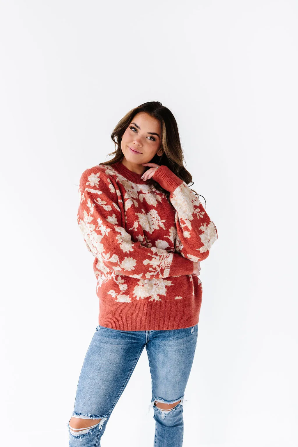 Calla Floral Knit Sweater in Brick