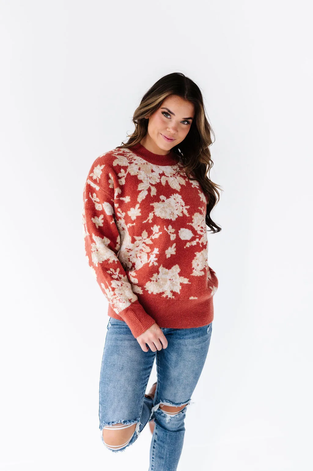 Calla Floral Knit Sweater in Brick