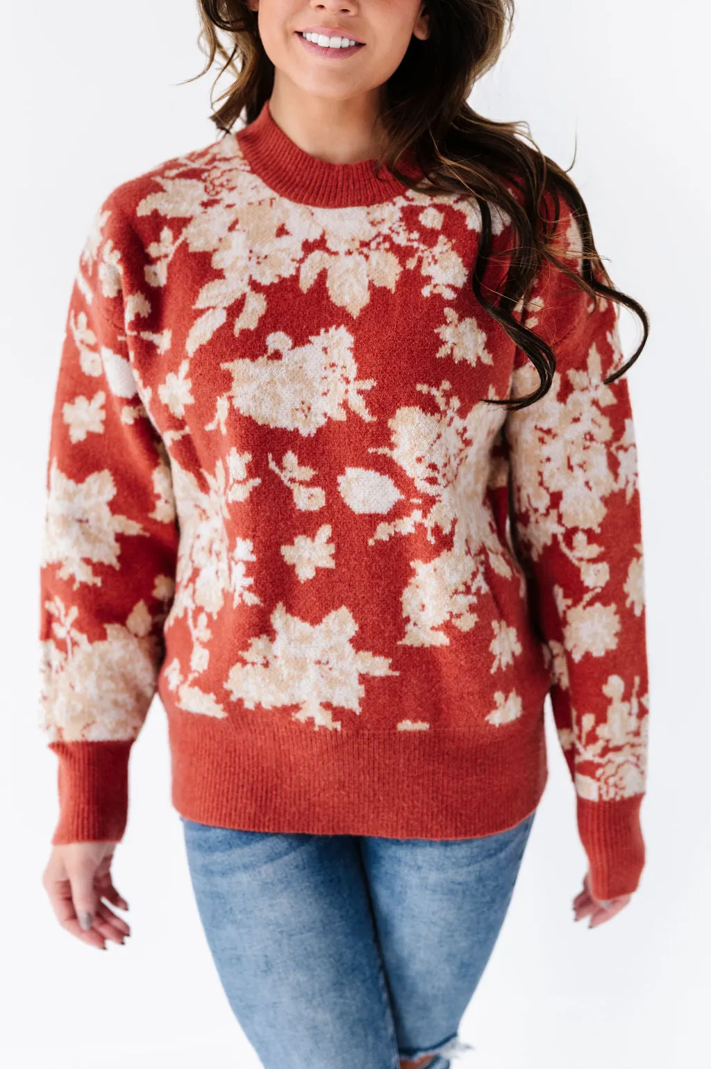 Calla Floral Knit Sweater in Brick