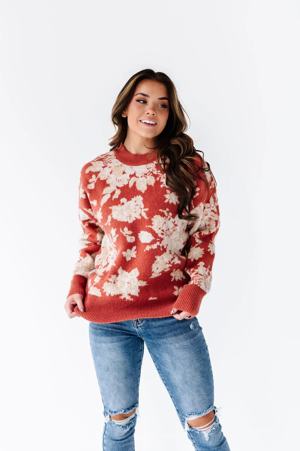 Calla Floral Knit Sweater in Brick