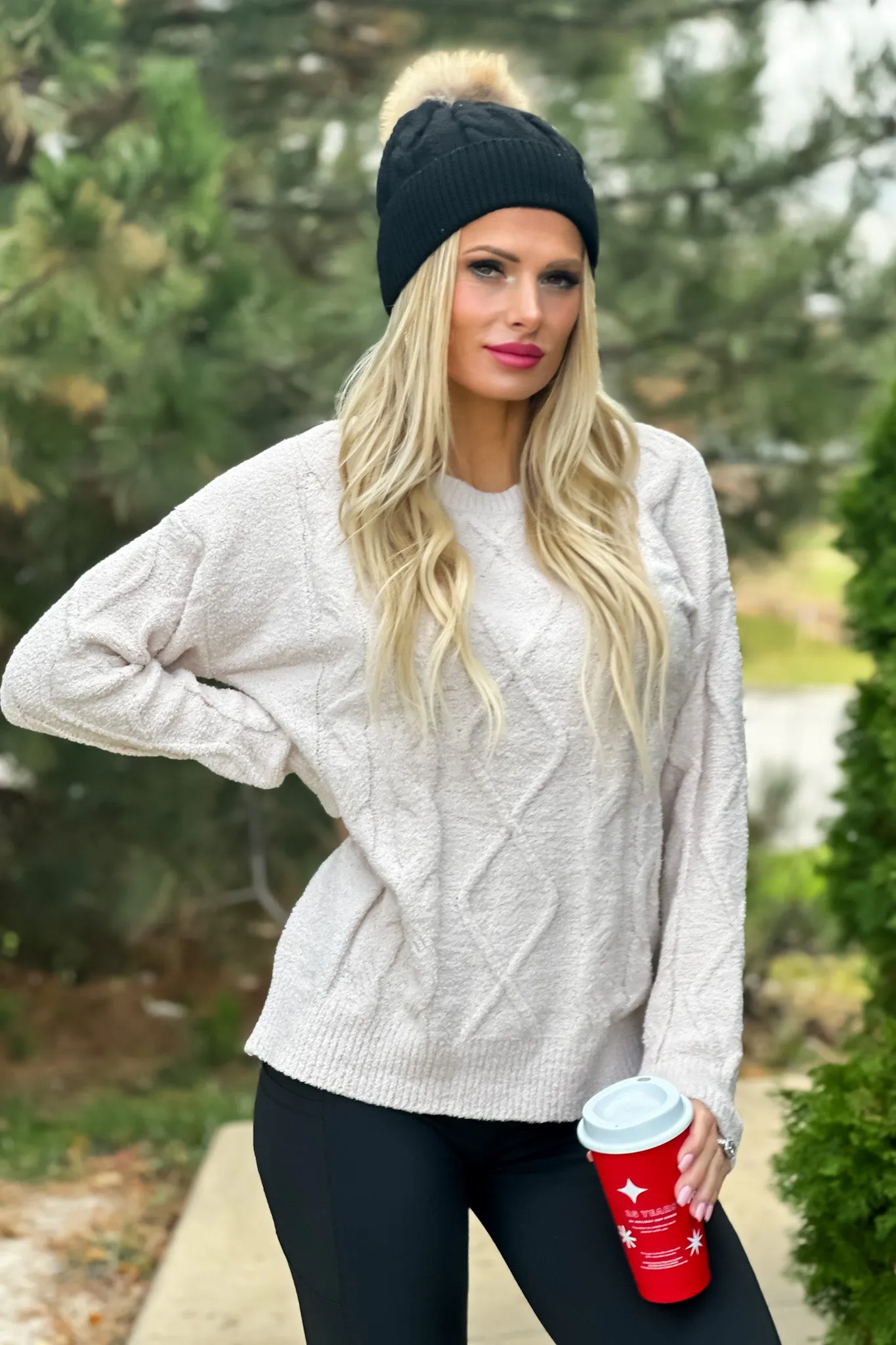 Chasing Shadows Diamond Soft Chenile Cable Sweater : Light Taupe