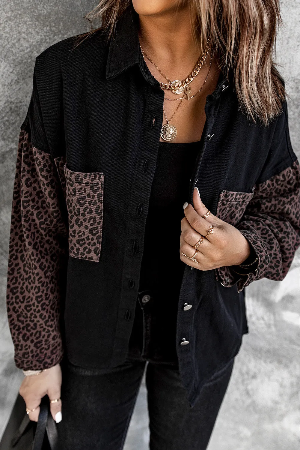 Contrast Leopard Denim Jacket for Women