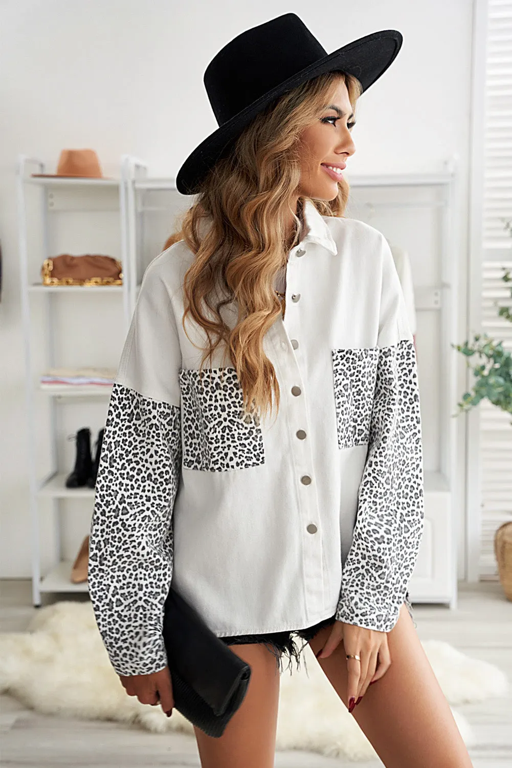 Contrast Leopard Denim Jacket for Women