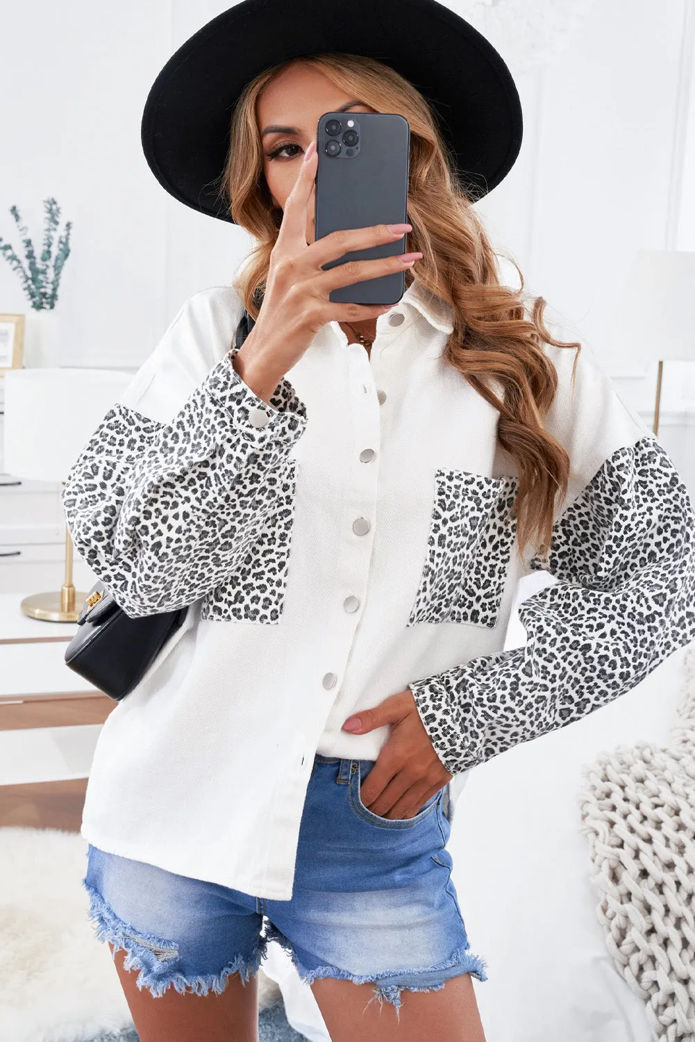 Contrast Leopard Denim Jacket for Women