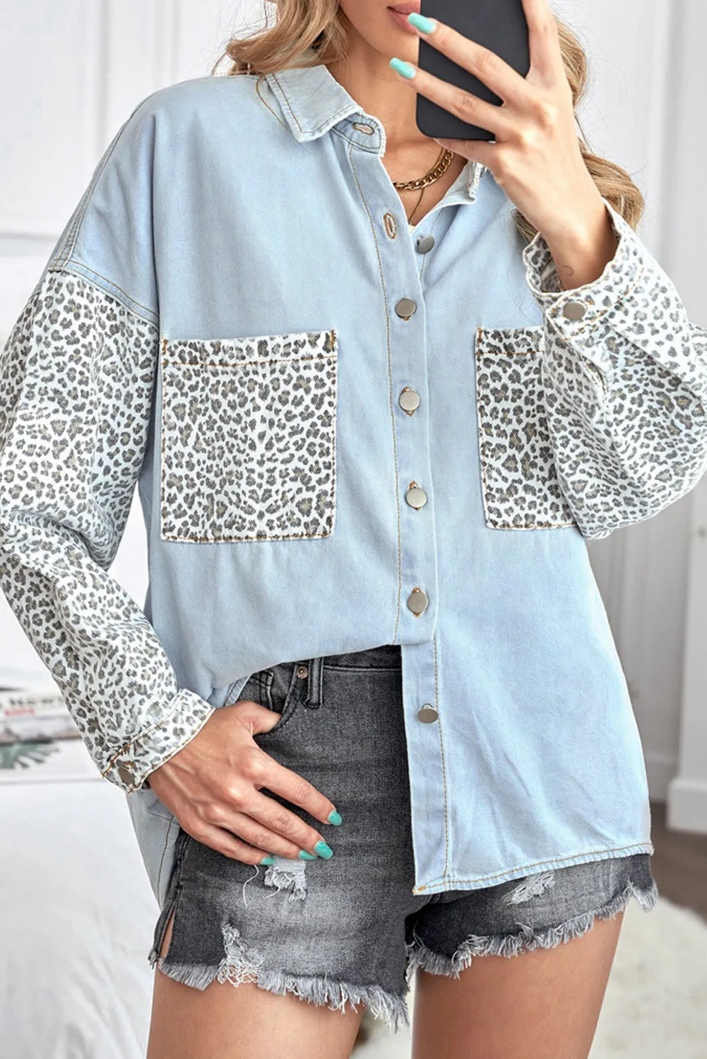 Contrast Leopard Denim Jacket for Women