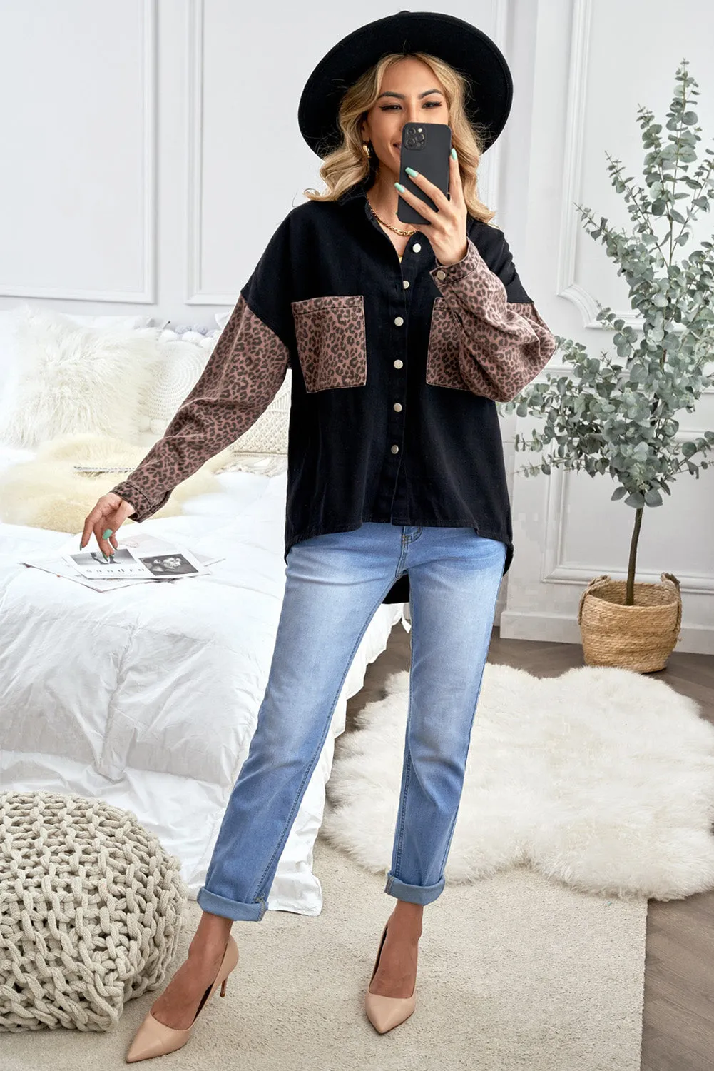 Contrast Leopard Denim Jacket for Women