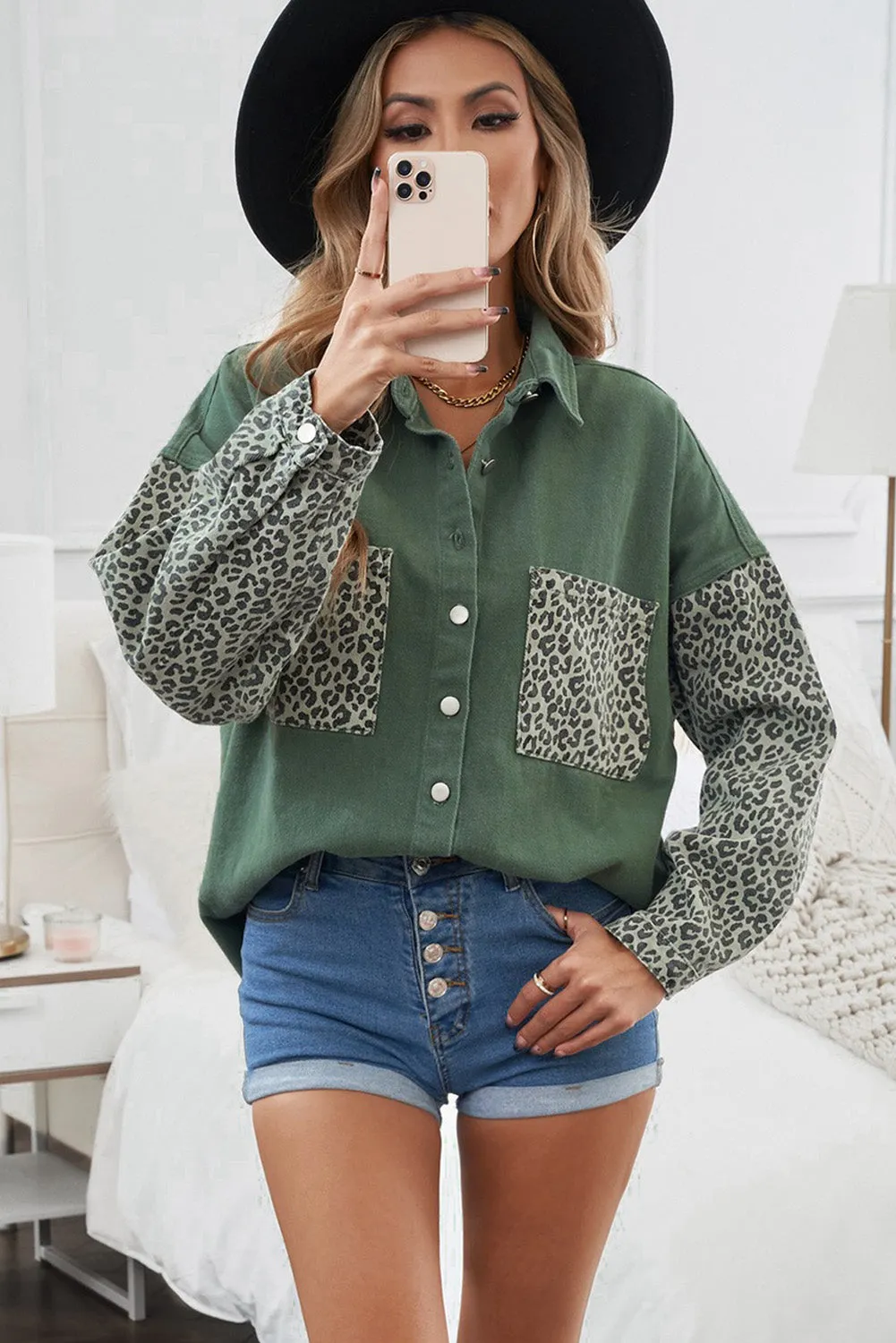 Contrast Leopard Denim Jacket for Women