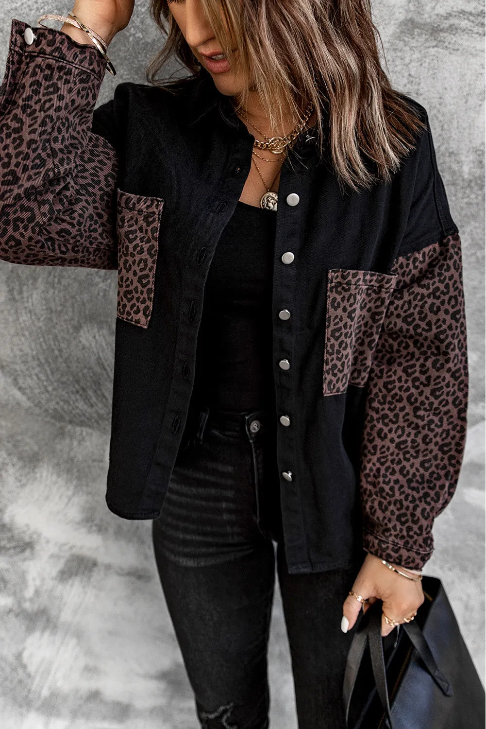 Contrast Leopard Denim Jacket for Women