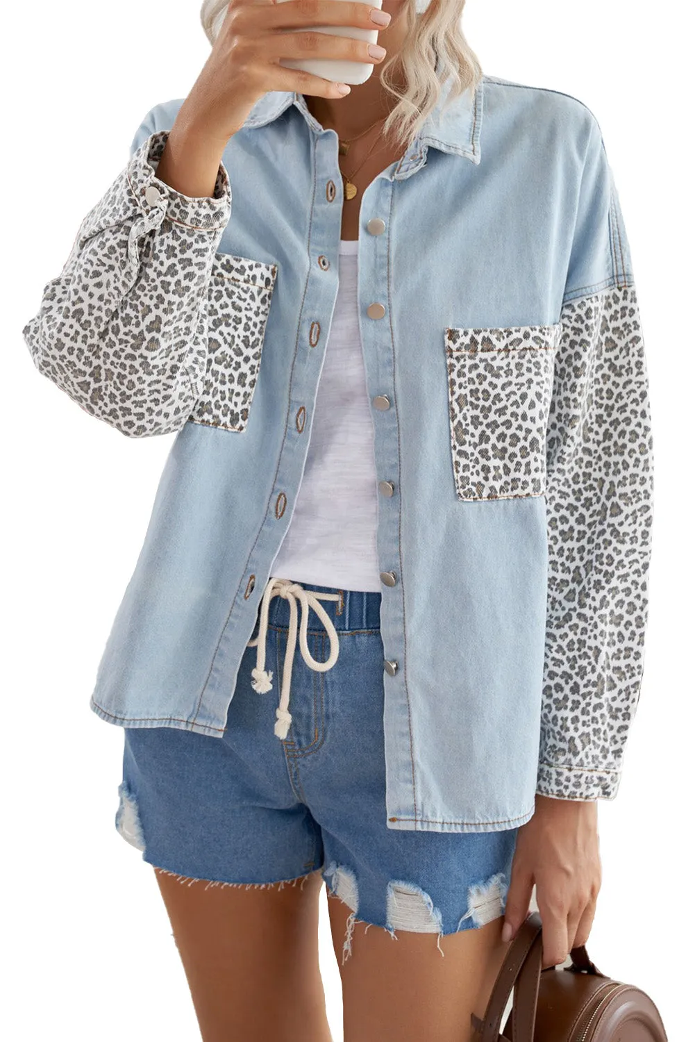 Contrast Leopard Denim Jacket for Women