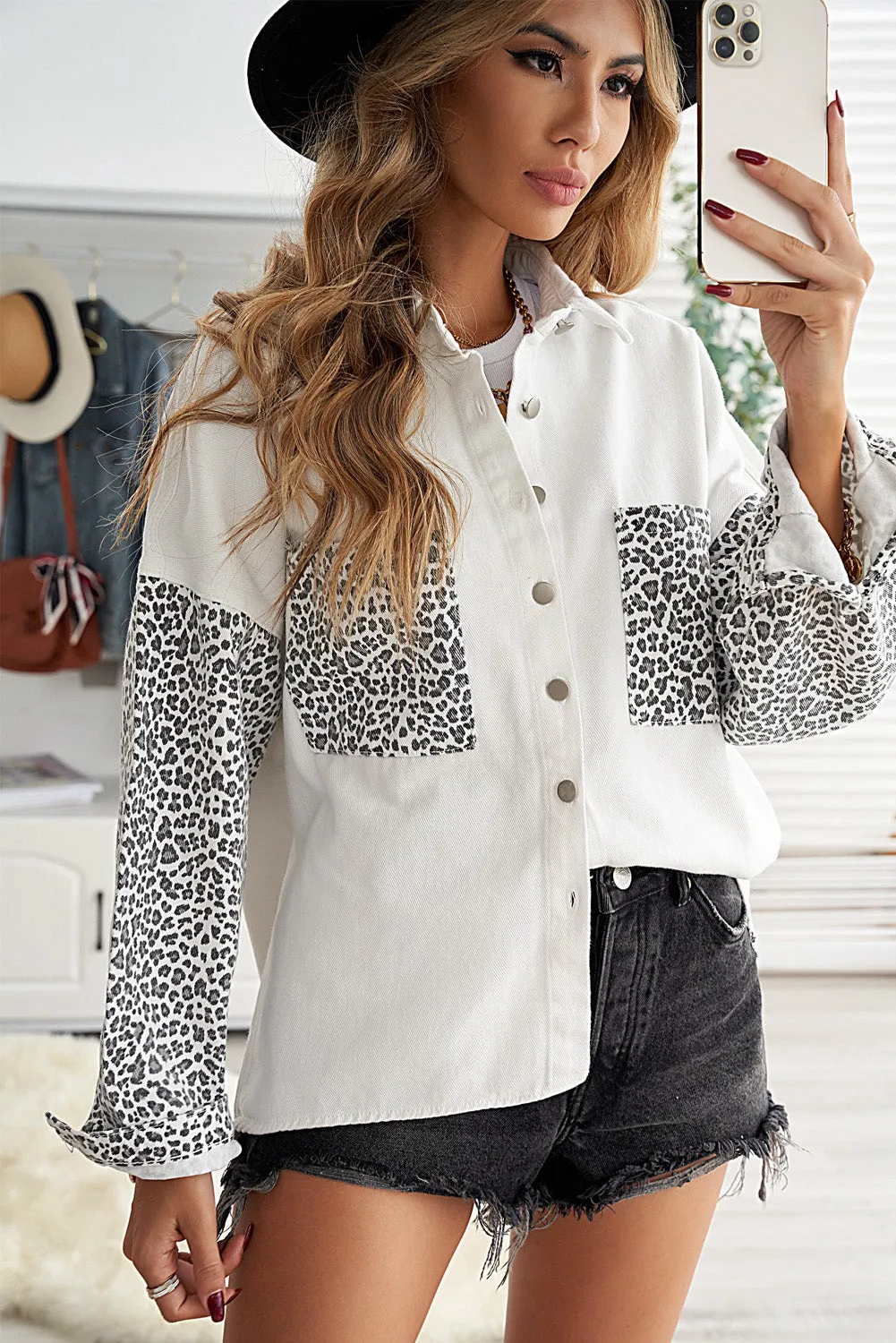 Contrast Leopard Denim Jacket for Women