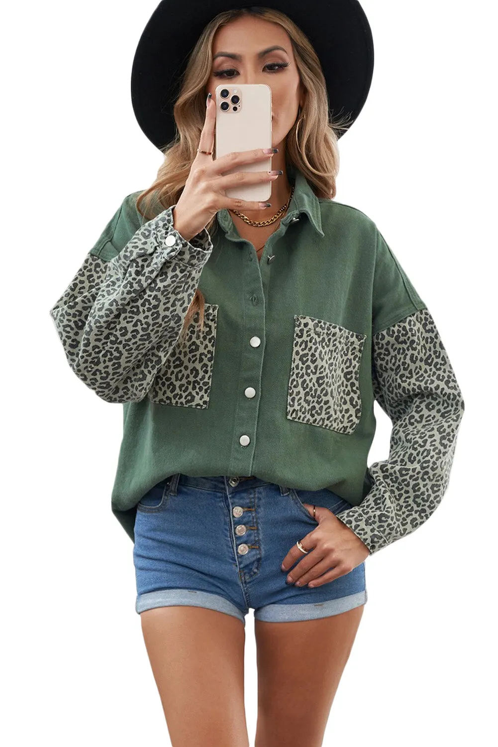 Contrast Leopard Denim Jacket for Women