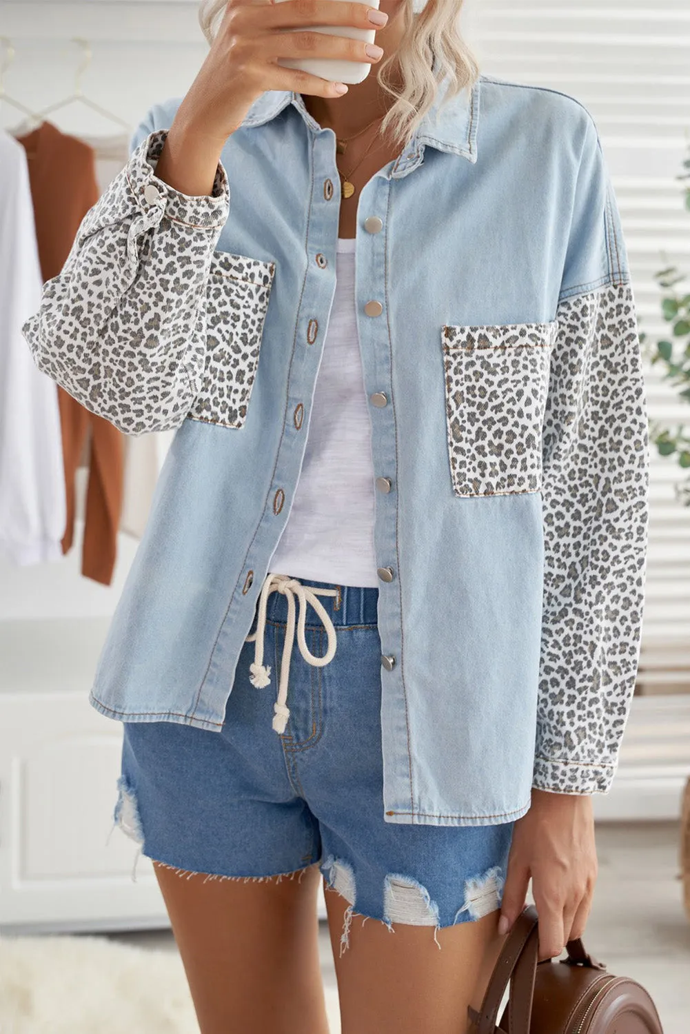 Contrast Leopard Denim Jacket for Women