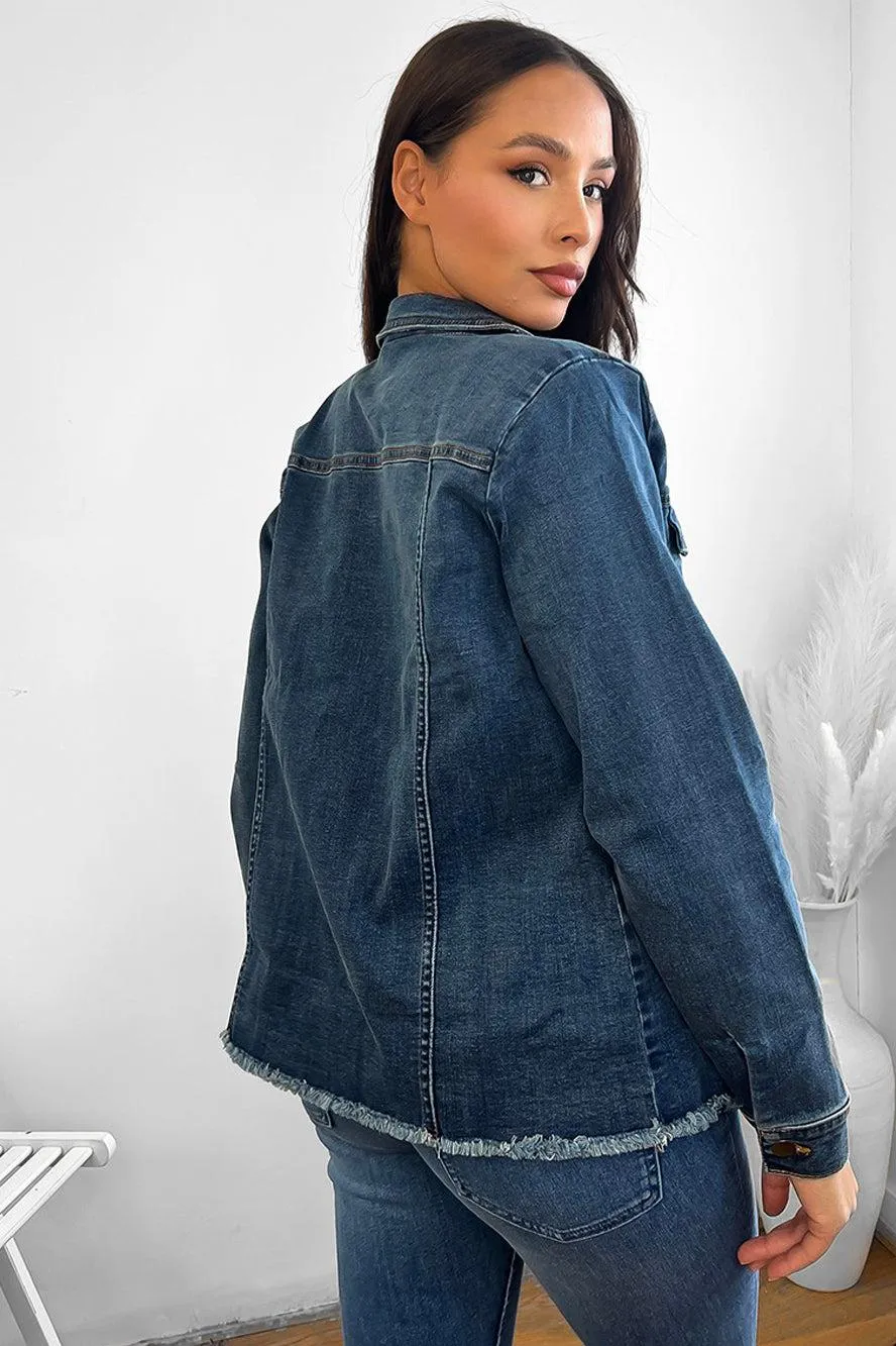 Cotton Blend Raw Hem Denim Jacket