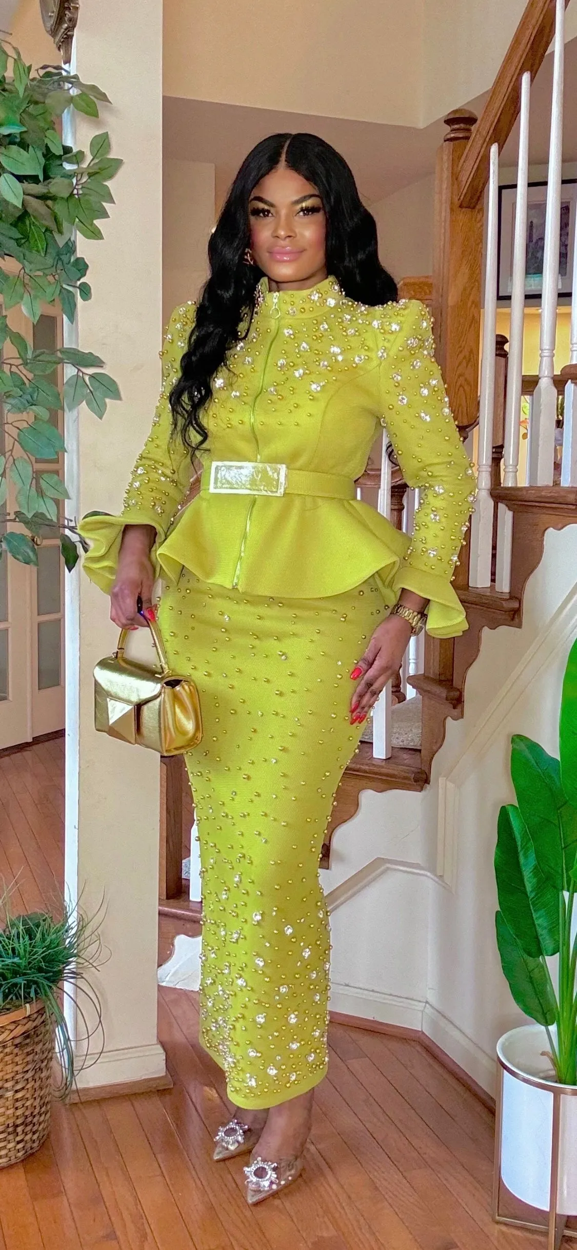 COUTURE FRONT ZIPPER RHINESTONE BLOUSE/SKIRT SET(LEMON)