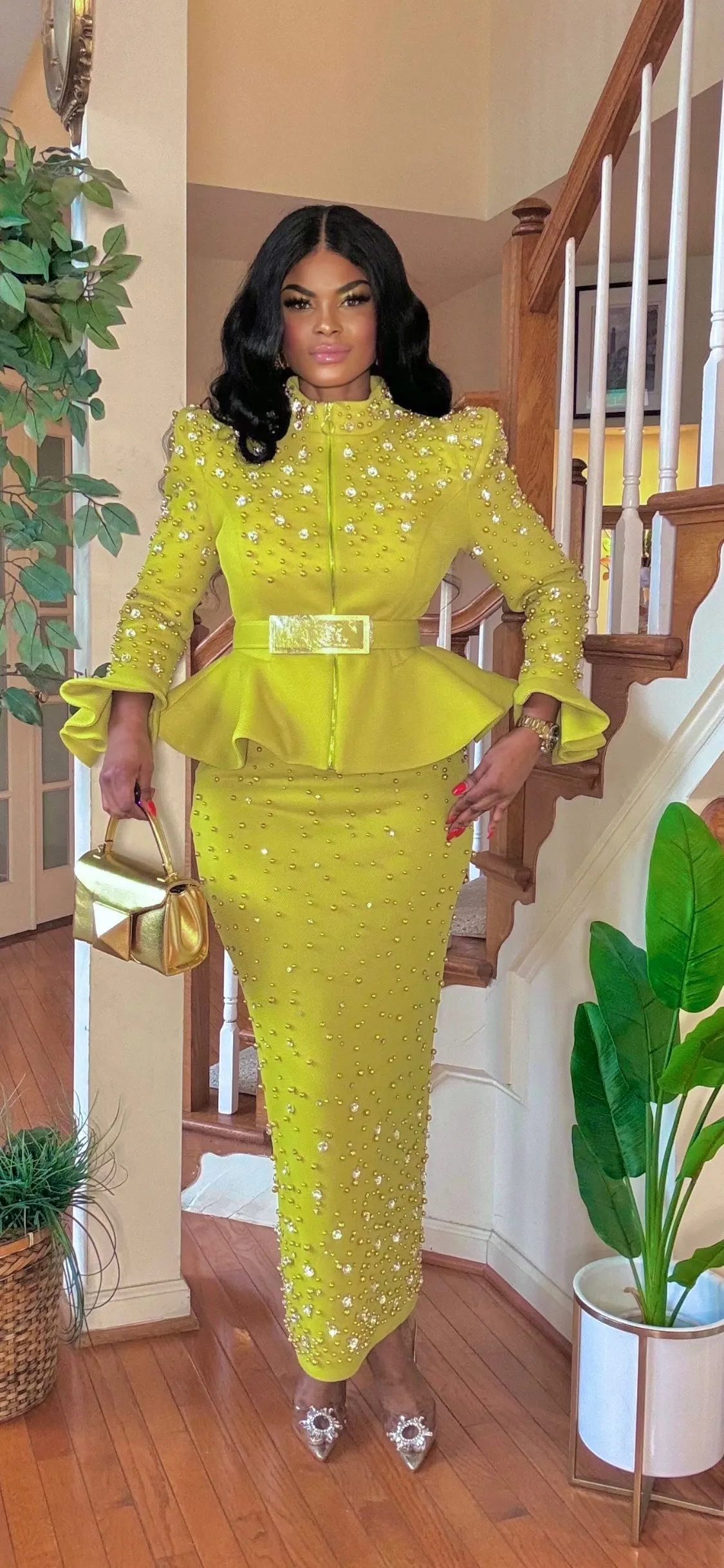 COUTURE FRONT ZIPPER RHINESTONE BLOUSE/SKIRT SET(LEMON)