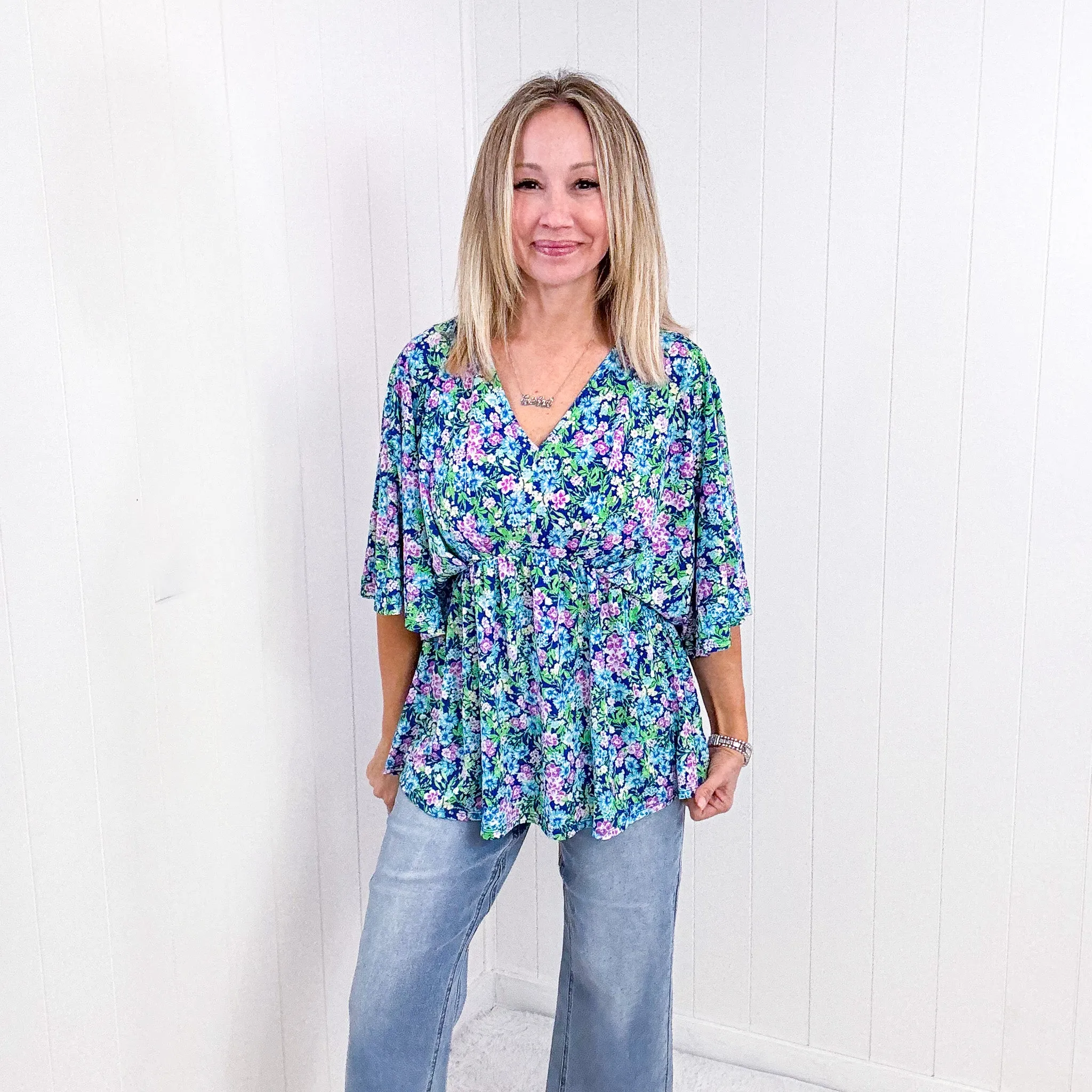 Dear Scarlett Dreamer Peplum Top in Navy and Mint Floral