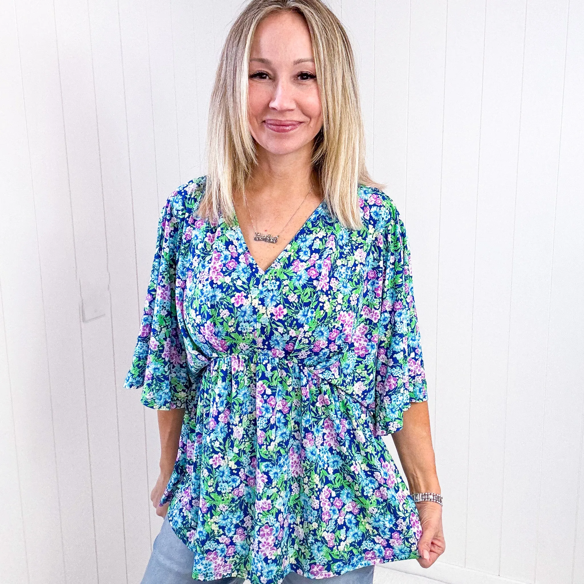 Dear Scarlett Dreamer Peplum Top in Navy and Mint Floral