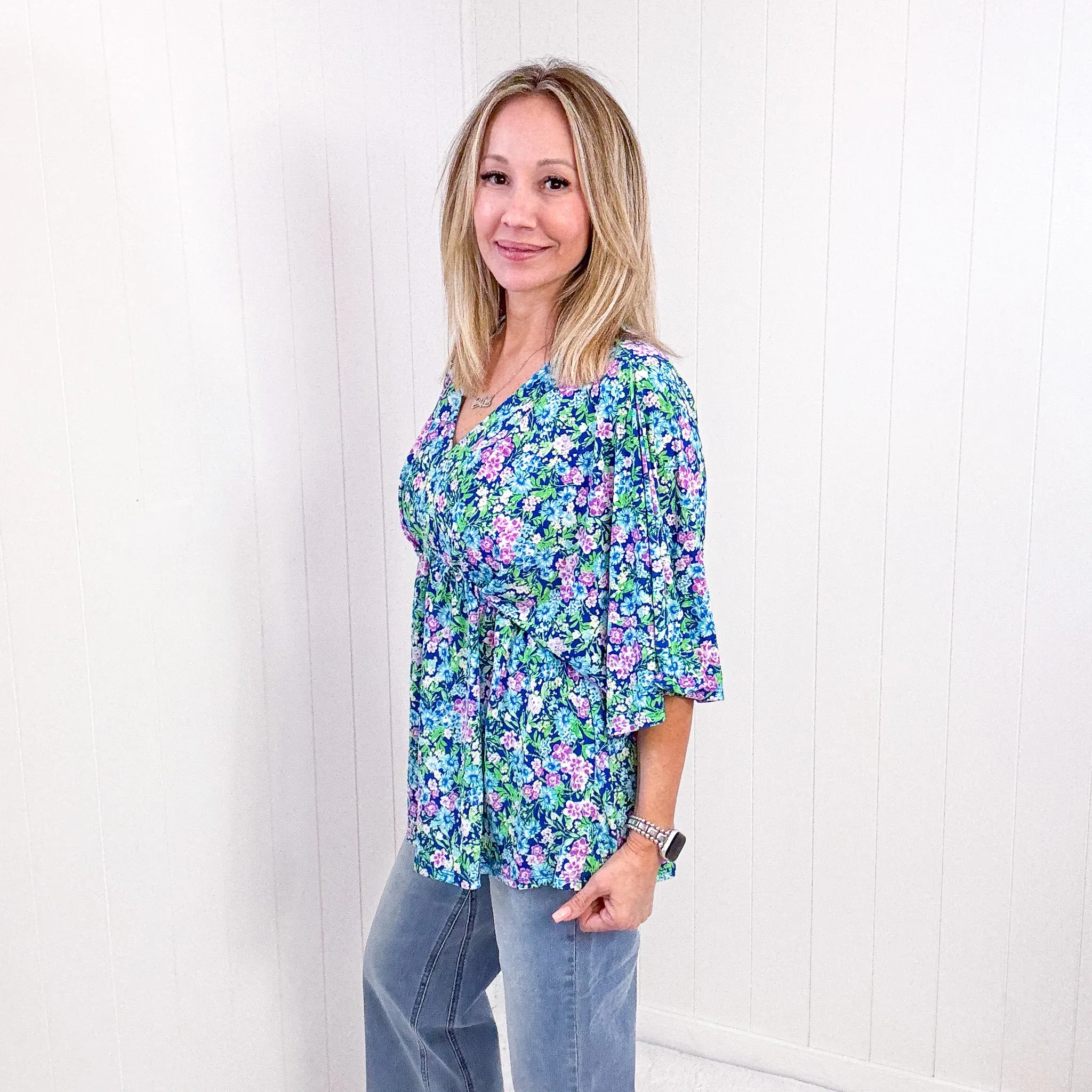 Dear Scarlett Dreamer Peplum Top in Navy and Mint Floral