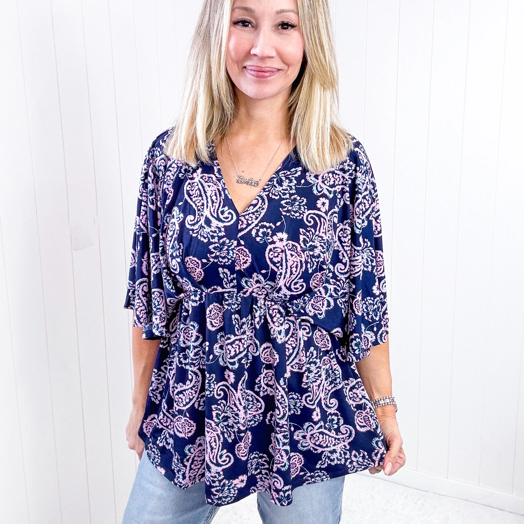 Dear Scarlett Dreamer Peplum Top in Navy and Pink Paisley