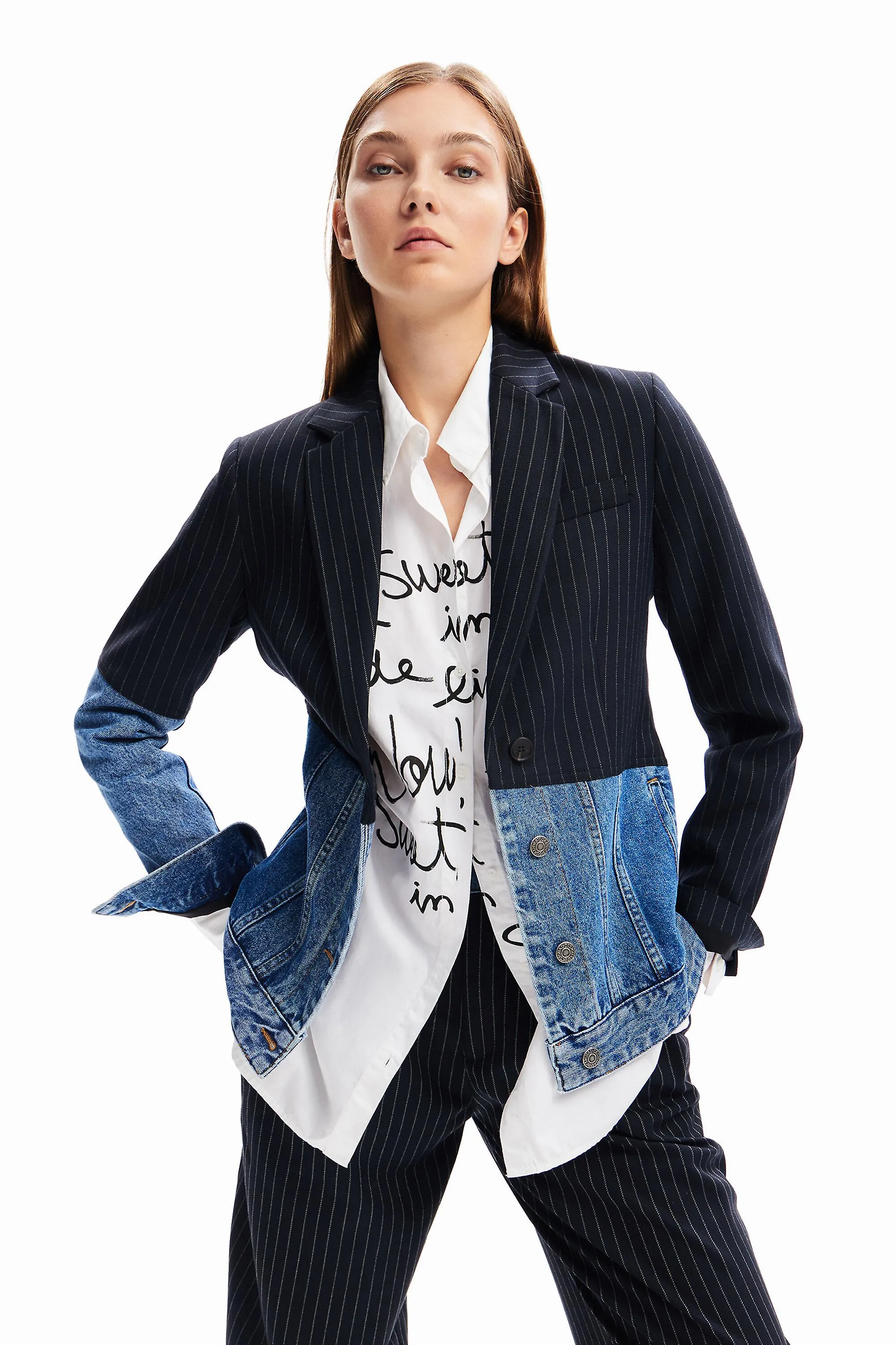 Desigual Pinstripe Denim Hybrid Blazer