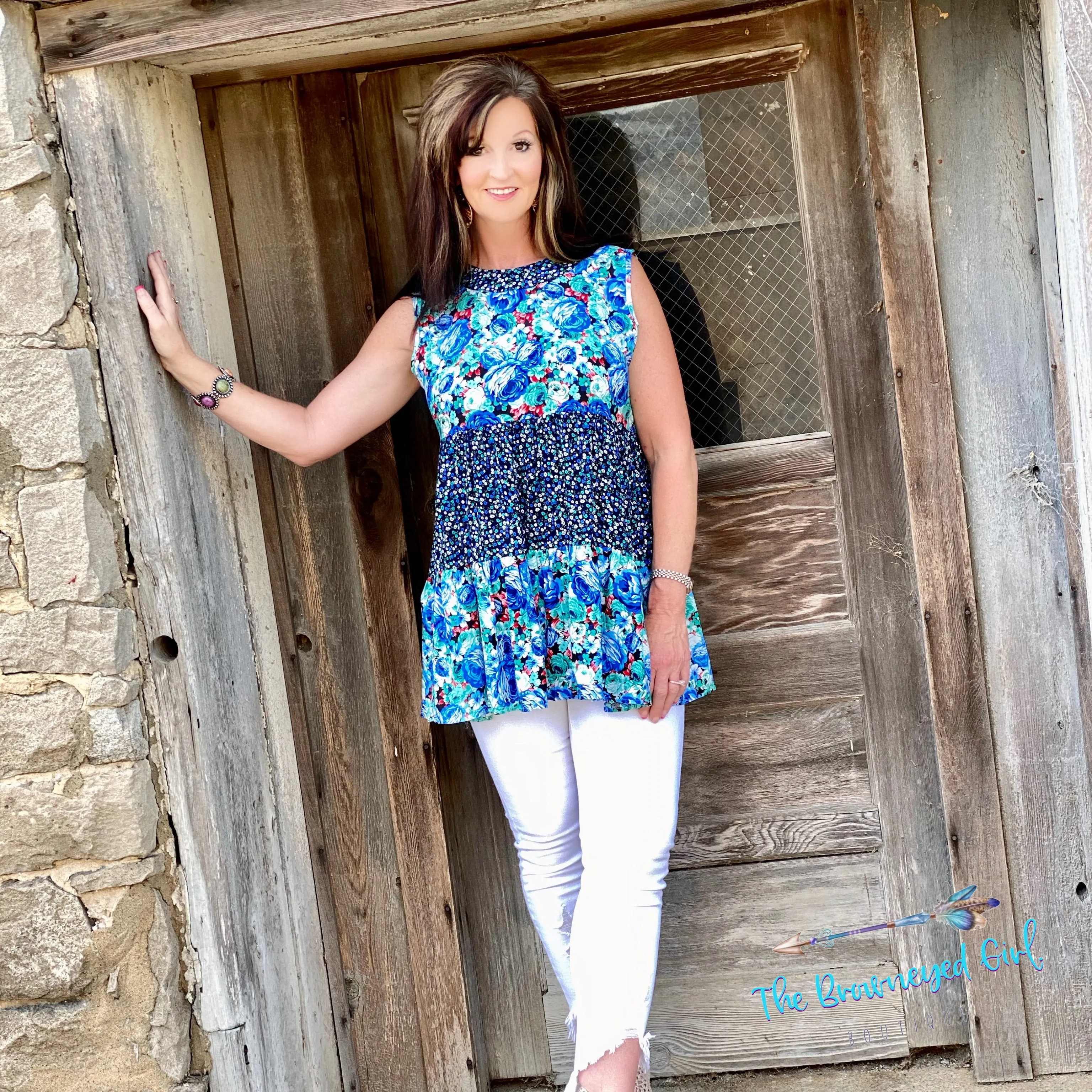 Ditsy Blue Floral Ruffle Layer Sleeveless Tunic/ Top