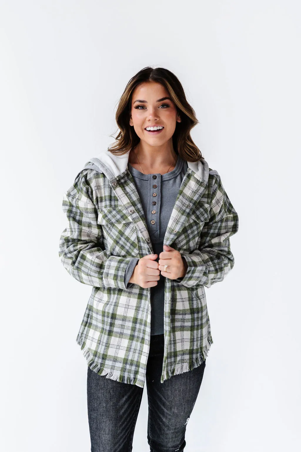 Dove Plaid Shacket in Olive - Size M Left