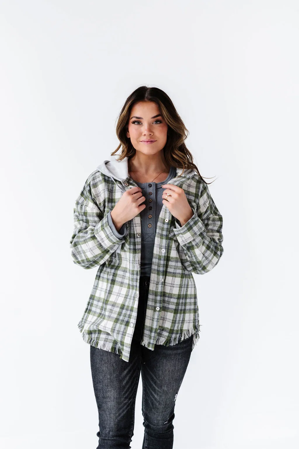 Dove Plaid Shacket in Olive - Size M Left